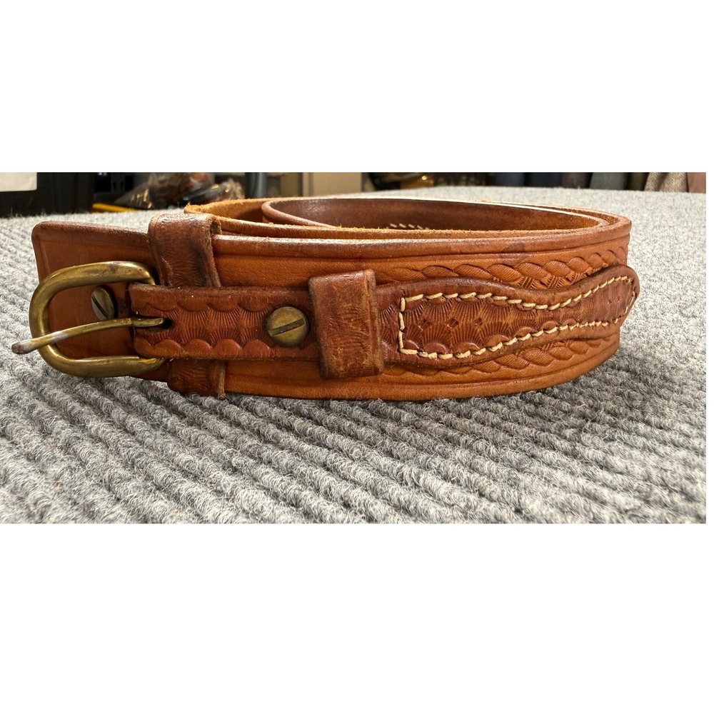 Unbranded Basket Weave Leather Belt Mens 34 Brown Good Western Tooled Brass